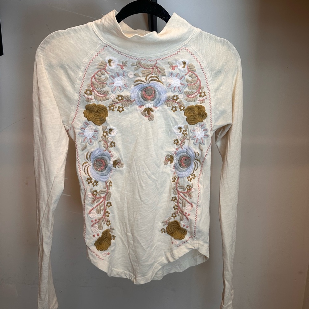 Free People Embroidered Cream Long Sleeve Top